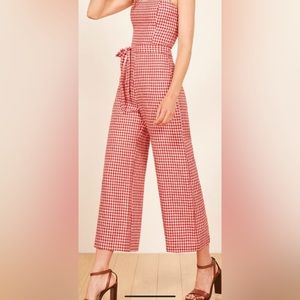 🌺J.Crew Tie-waist linen jumpsuit in gingham red and gray 🌺